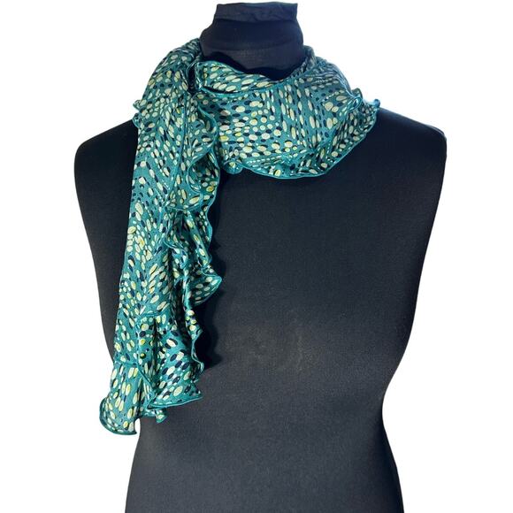 Green Multi Colored Geometric Silky Ruffle Trimmed Lightweight Scarf - Picture 2 of 5